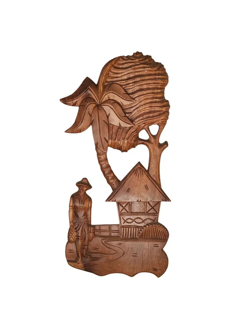 Hand-Carved Polynesian Wooden Wall Art Decor Hut Palm Tree Farmer Scene